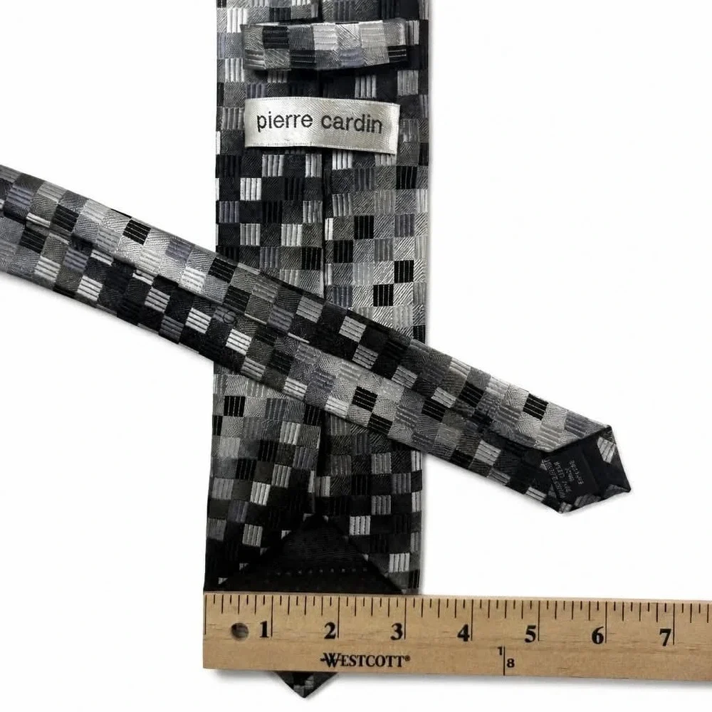 Pierre Cardin Tie Mens Gray Black Metallic Grid Geometric Checkerboard